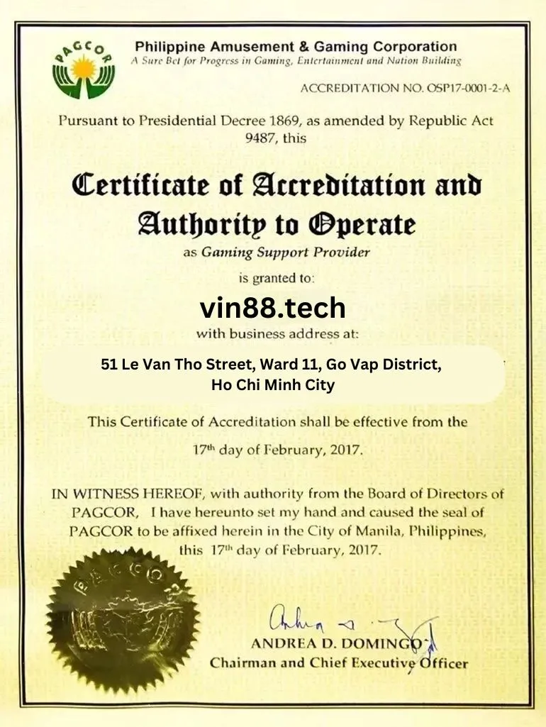 Giấy phép hoạt động vin88